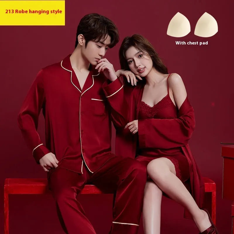 Red ice silk sleepwear set for men and women with long sleeves and trousers, fabric weight 121-140g/m²