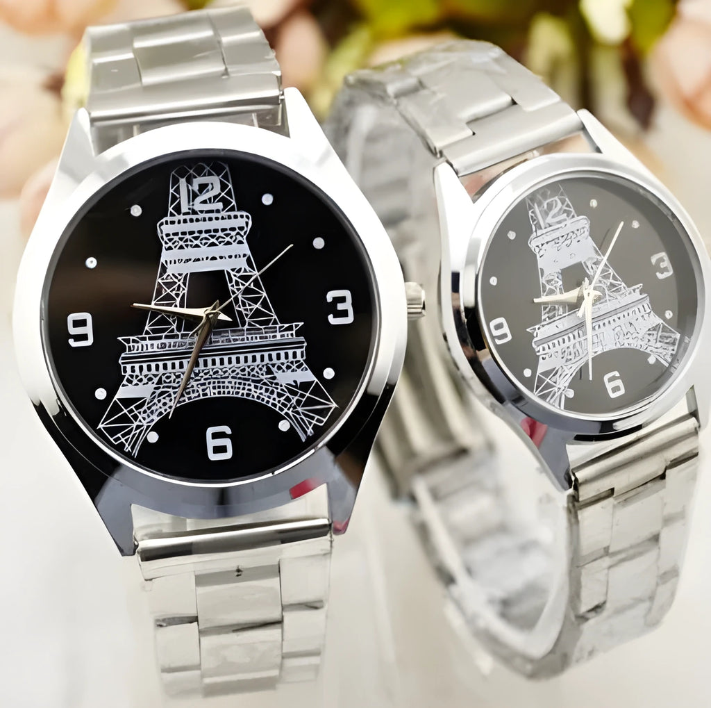 Eiffel Tower wrist watch with metal case and brown leather strap