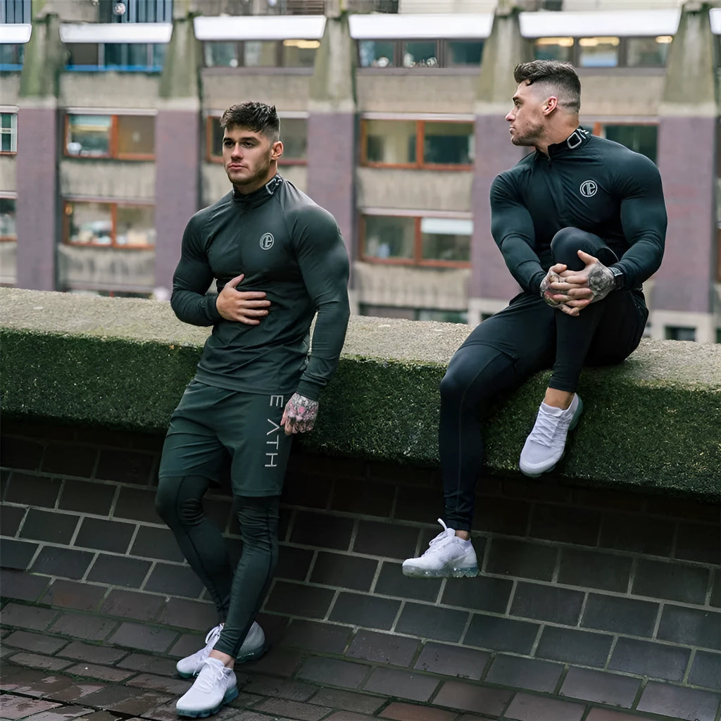 Men's autumn stretch fitness clothing in black or dark green, 90% acetate technical fabric, sizes M to XXXL.
