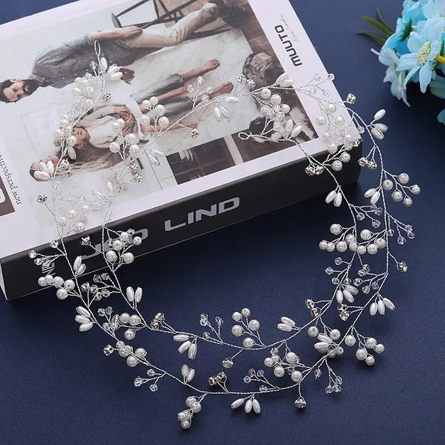 Bride's long hair band with crystal pearls in silver, gold, or rose gold, showing colour-preserving copper wire and length options