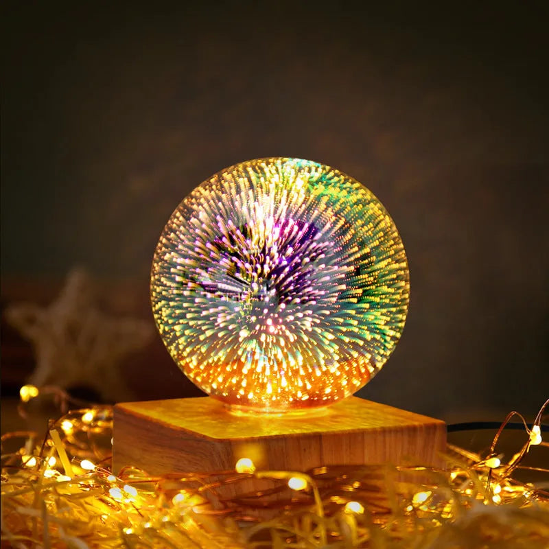Spherical crystal ball night light with USB plug showing starry sky pattern illumination