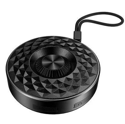 Black Bluetooth mini speaker with control buttons on top, measuring 10cm by 5cm