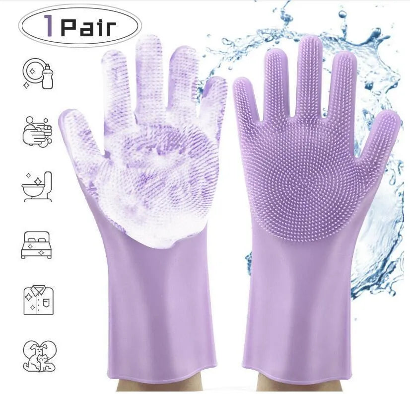 Silicone heat-resistant cleaning gloves in blue, showing non-slip surface and size of 357mm by 165mm