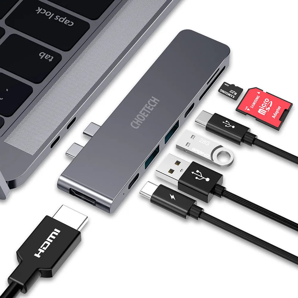 Aluminium Type C adapter with SD and Micro SD card slots, HDMI, USB ports measuring 115mm