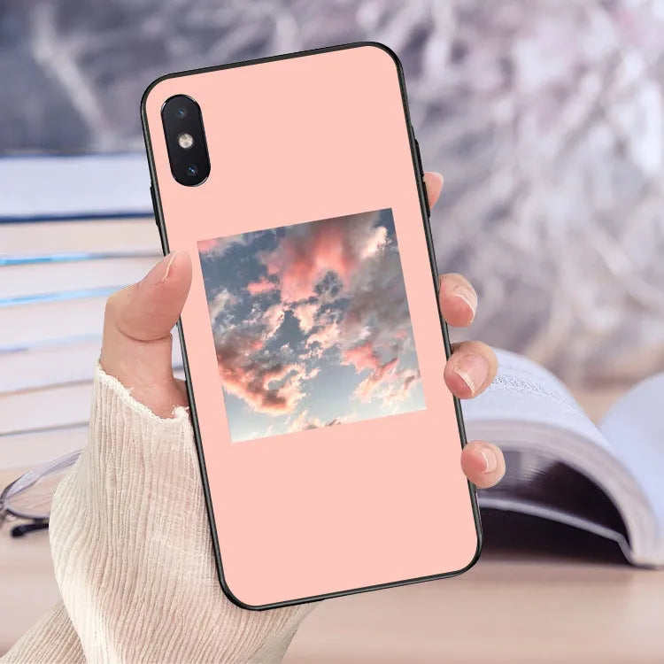 Pink iPhone case with hand-painted white roll brush, lattice, and floral design on a soft TPU back cover.