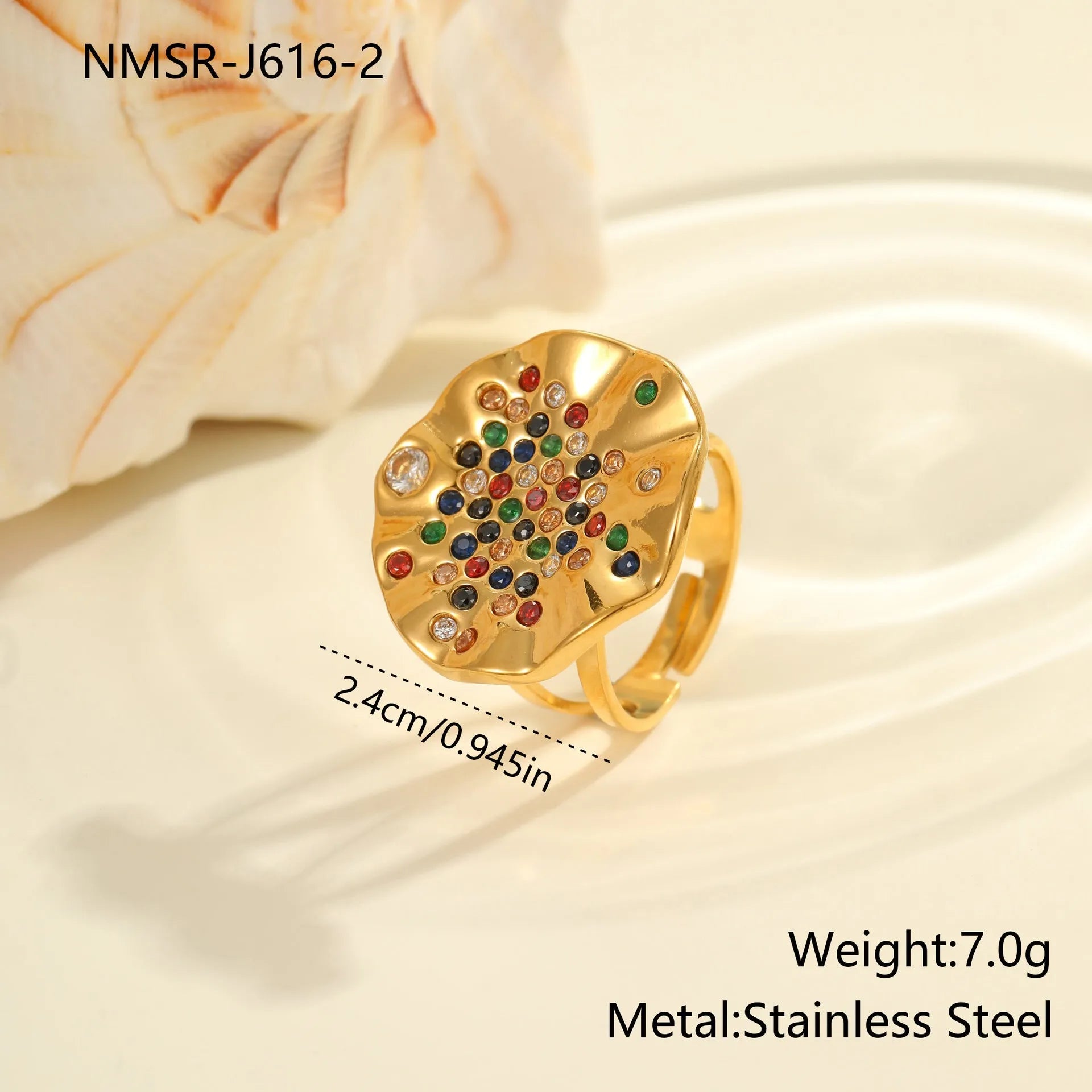 Geometric open mouth stainless steel ring with pleated setting and inlaid diamonds.