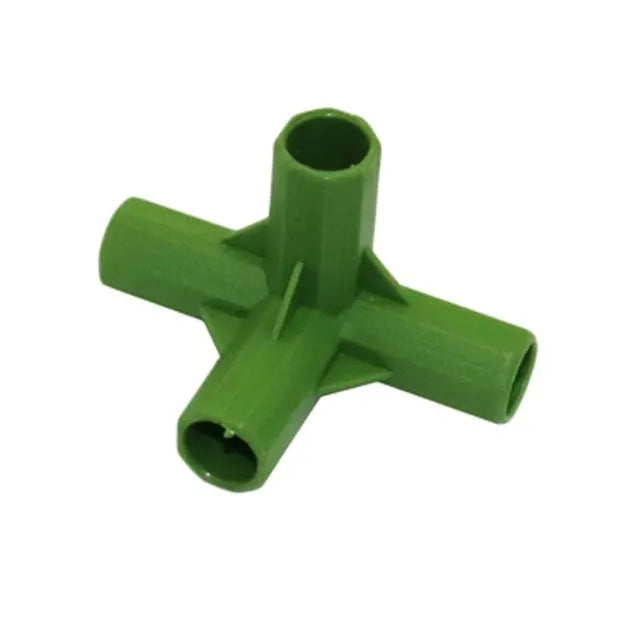 Two plastic garden connectors for 11mm poles, showing a three-way and a four-way junction.