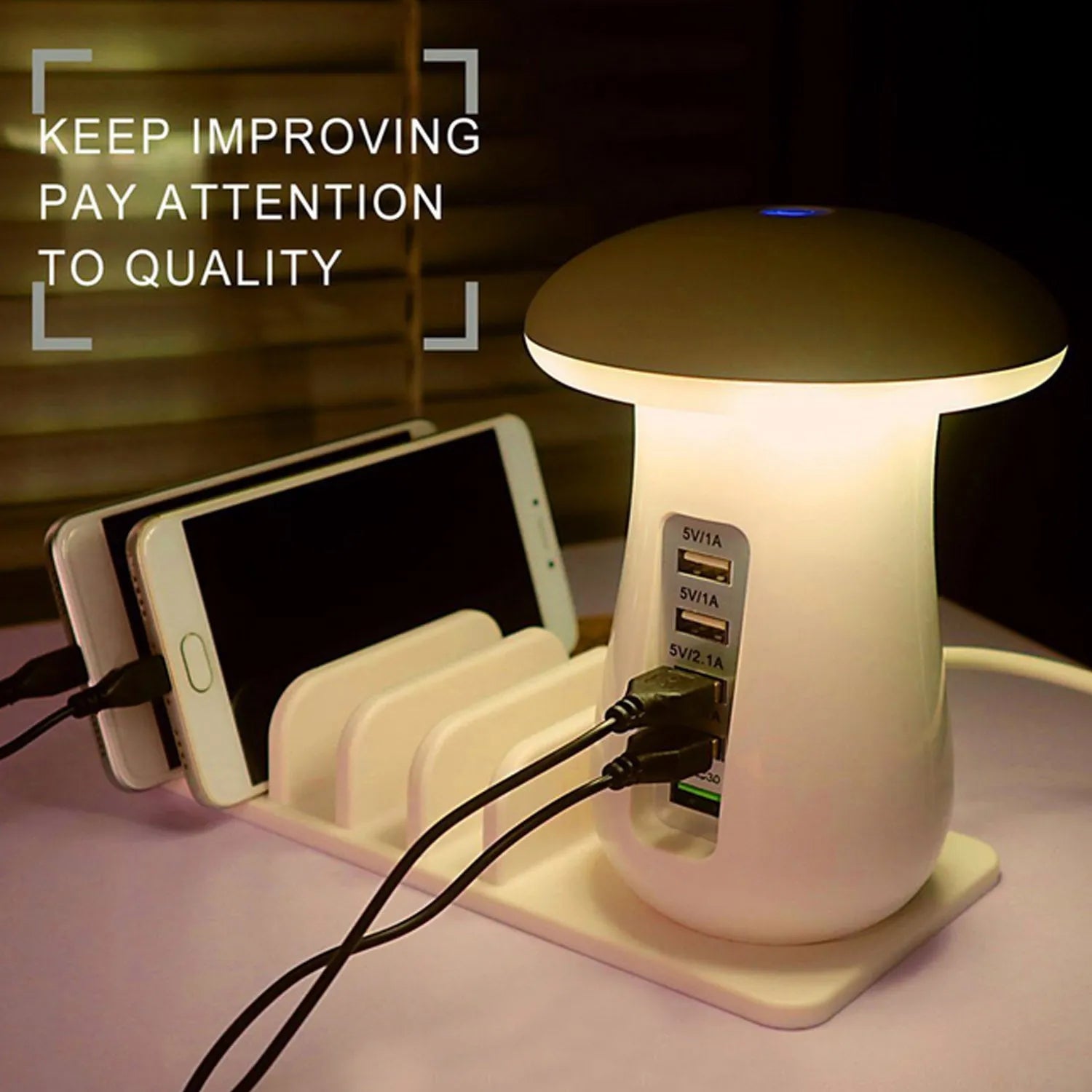Besegad Mushroom LED Light Lamp USB Charging Dock Station with 5 ports and soft night light
