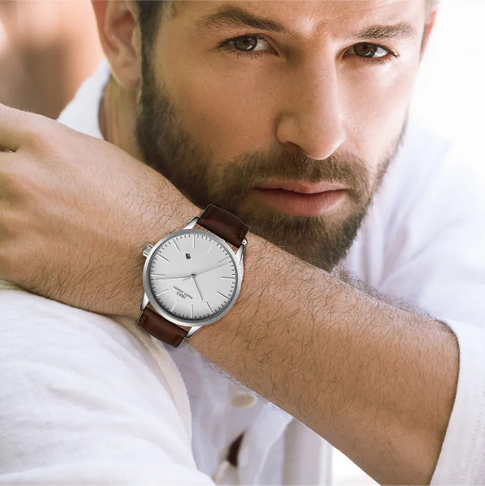 Men's quartz watch set with round 37mm alloy case, 22cm leather band, buckle clasp, and Hardlex dial window