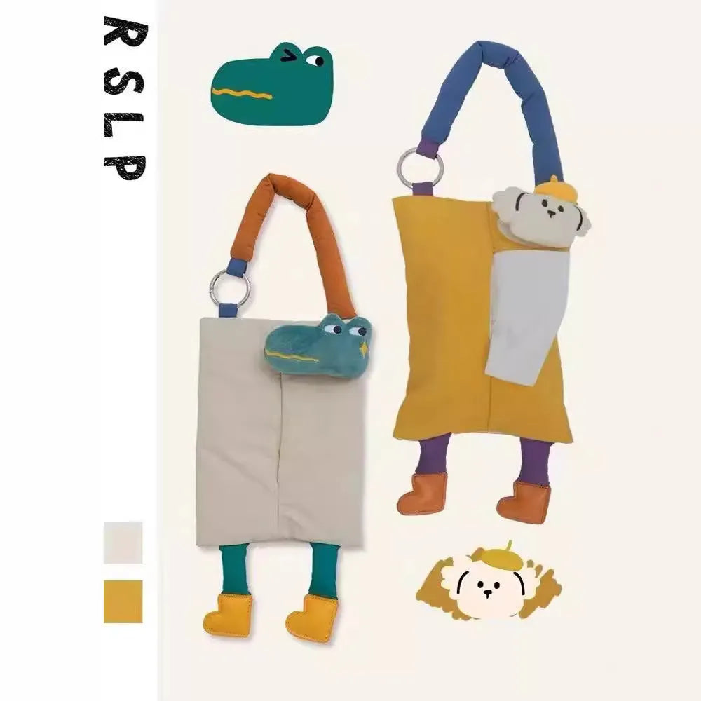 Plush hanging tissue buggy bag measuring 25 x 19 cm in hat dog or baby crocodile design