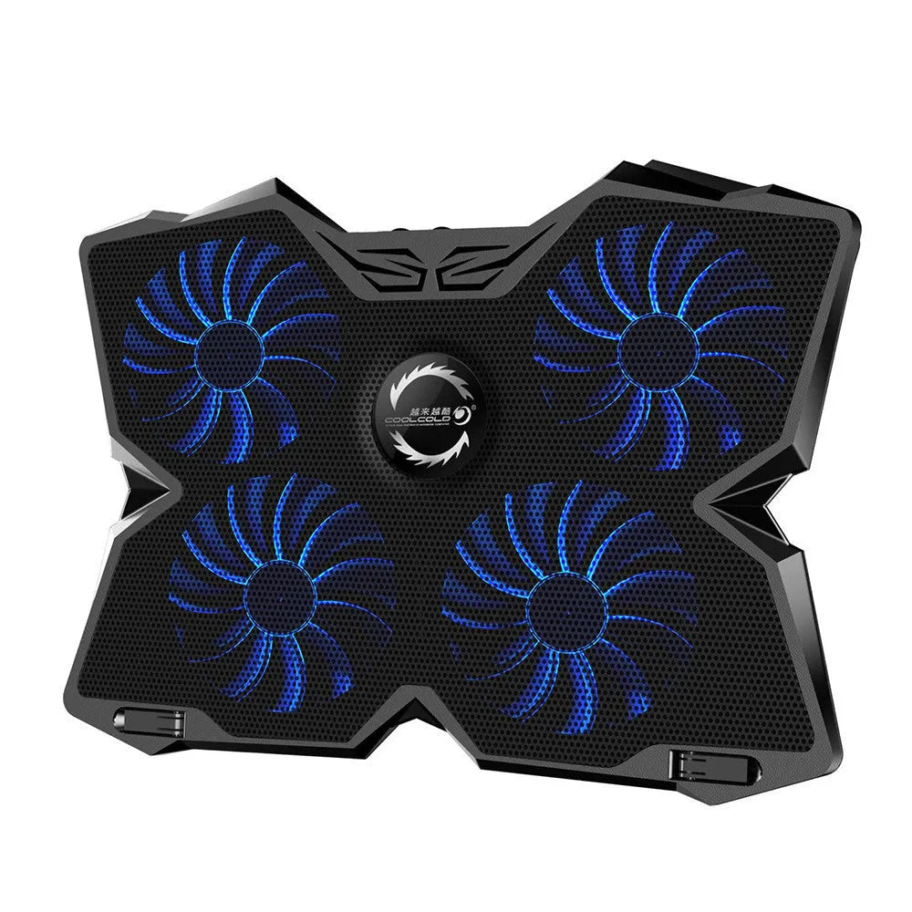 Blue computer cooling base with four LED fans and dual speed control switches showing two USB ports