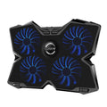 Blue computer cooling base with four LED fans and dual speed control switches showing two USB ports