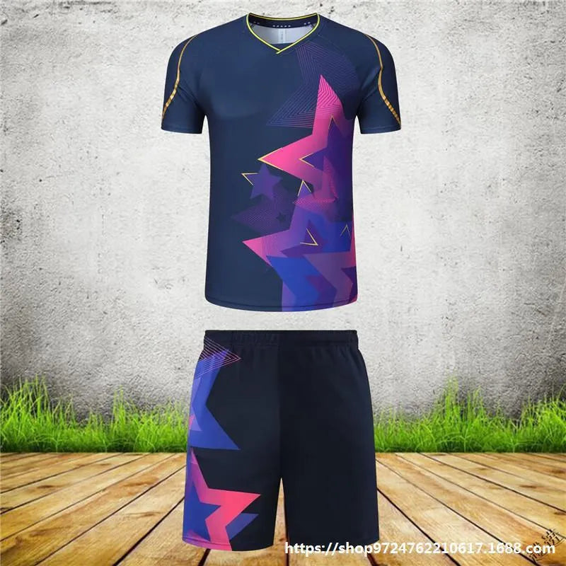 Badminton outfit set showing short-sleeved top and trousers in sapphire blue colour