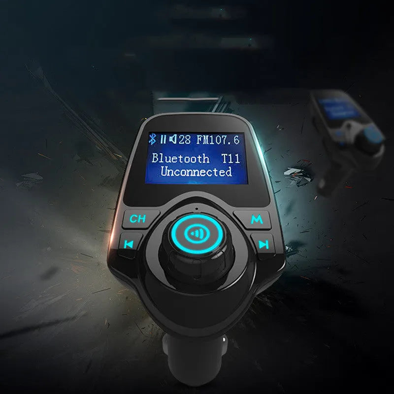 Black G7 car Bluetooth FM transmitter plugged into 12V socket with USB port and TF card slot visible