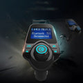 Black G7 car Bluetooth FM transmitter plugged into 12V socket with USB port and TF card slot visible