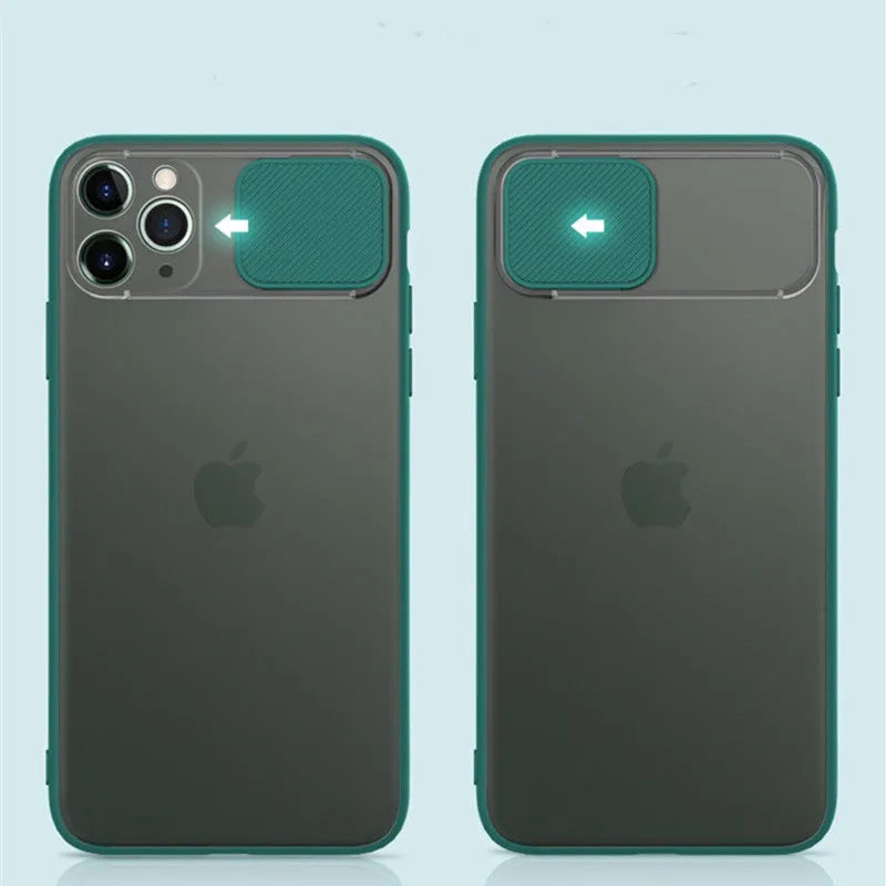 Lens sliding iPhone case in a contrasting colour with the rear camera cover open.