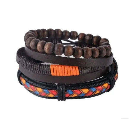 Leather bracelet with adjustable 6cm diameter, hand-woven from cowhide, wax rope, wooden beads, and hemp rope