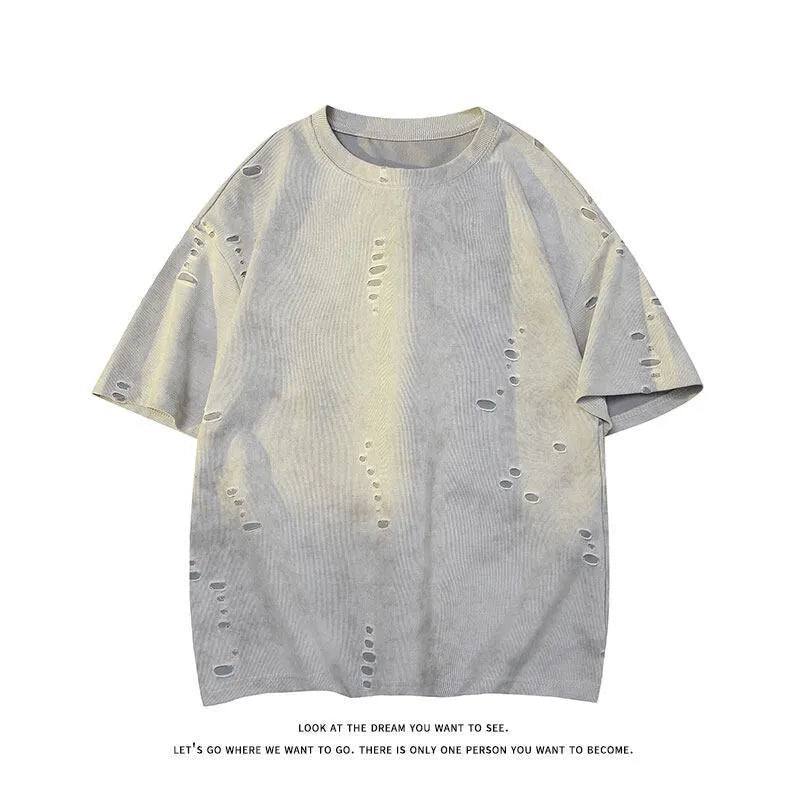 Men's grey cotton blend loose fit short sleeve t-shirt on hanger