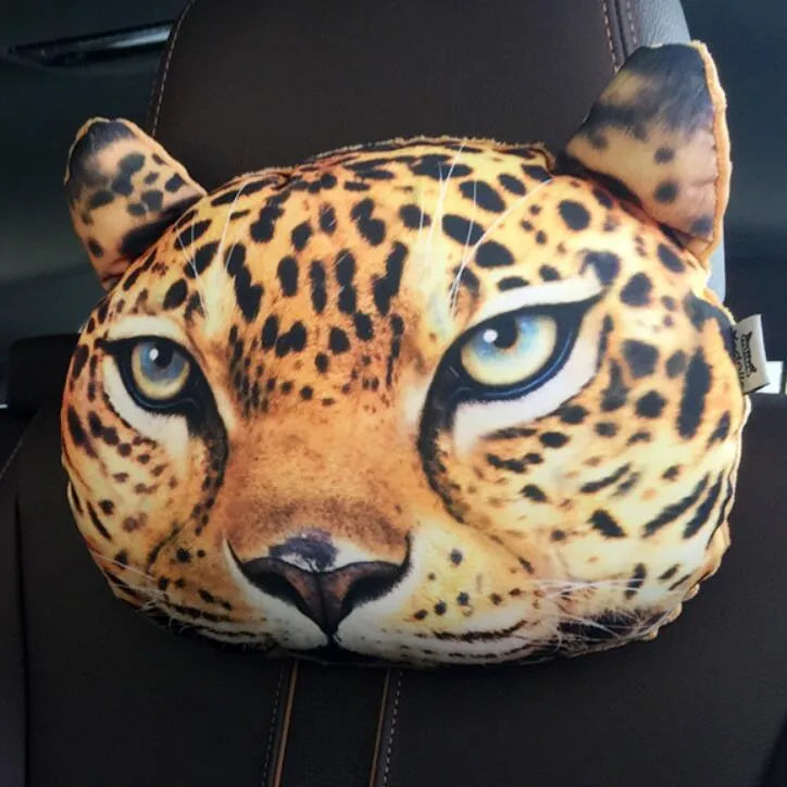 Handmade oblong car headrest pillow with printed cartoon cat design, polyester cotton cover, and PP cotton filling.