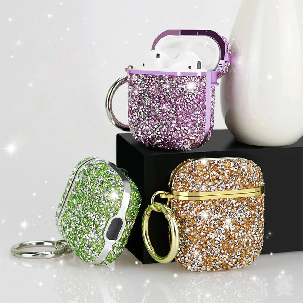 Electroplating diamond-studded AirPods case with flip rhinestone exterior for AirPods 1/2 and AirPods 3