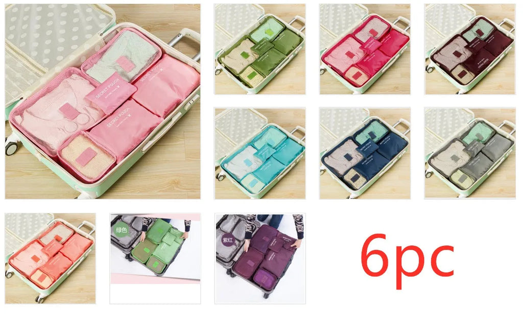 Set of six waterproof nylon packing cubes and organisers in assorted colours and sizes.