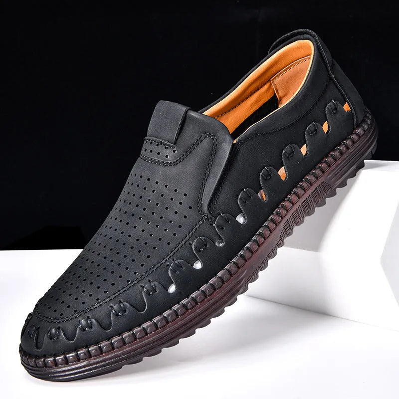 Men's brown slip-on leather shoes with round toe, low-top design, and hollowed-out details on artificial PU upper