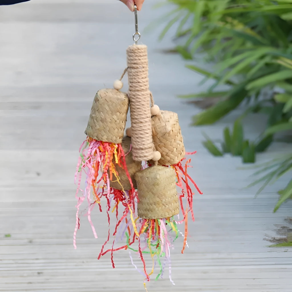 Colourful shredded paper bird toy with wood and sisal materials for parrots