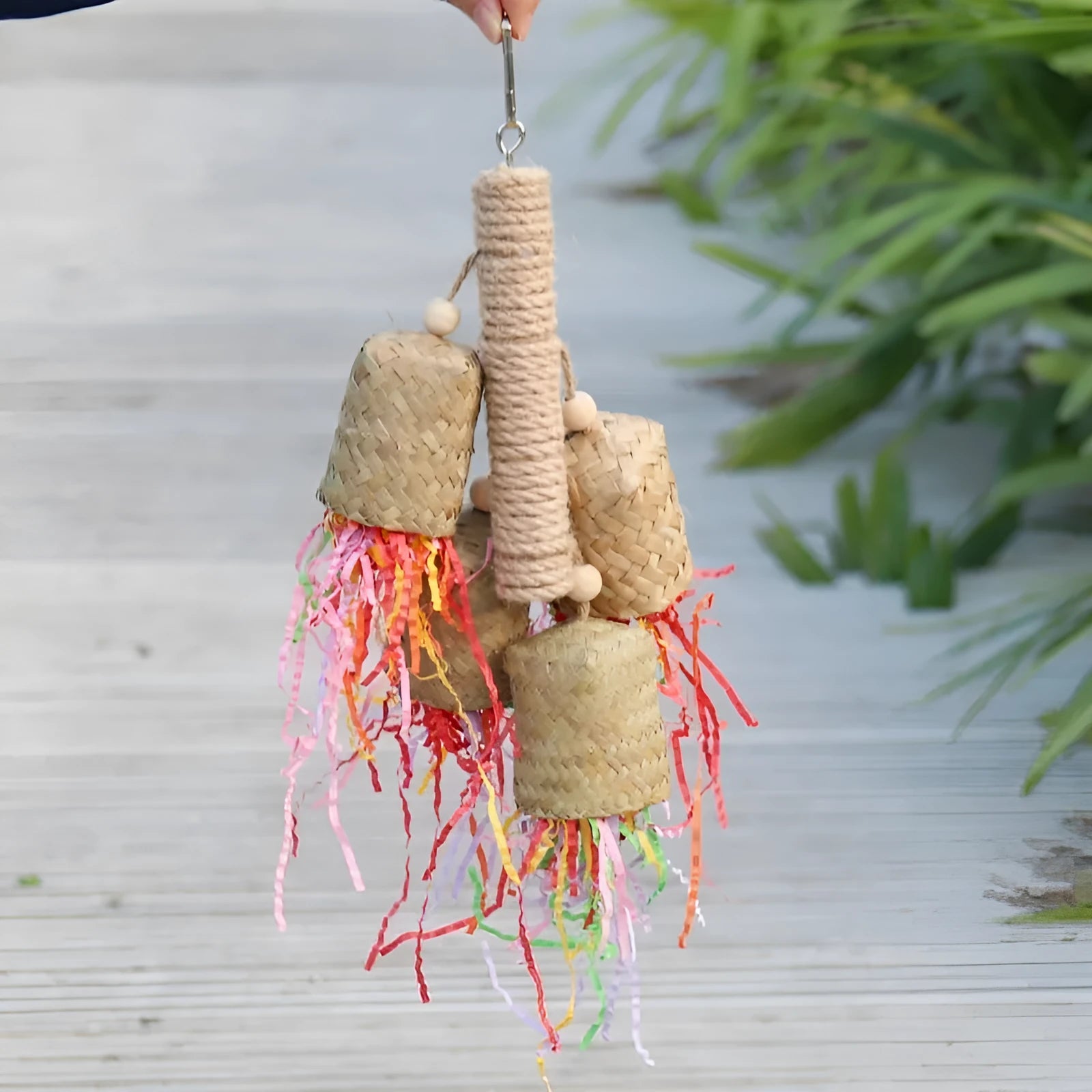 Colourful shredded paper bird toy with wood and sisal materials for parrots
