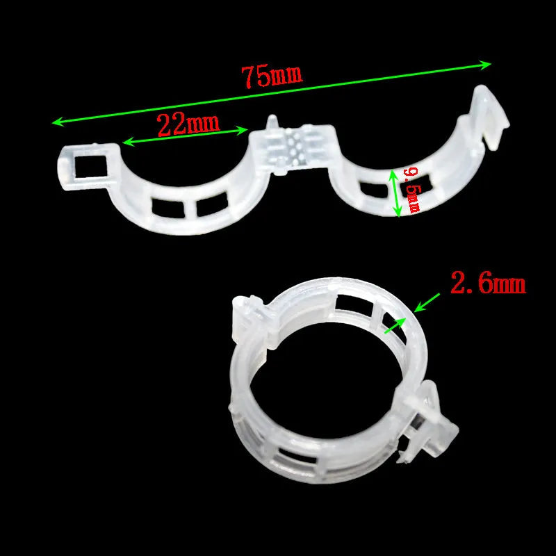 50 plastic grafting clips for tomato plants with smooth surfaces on white background