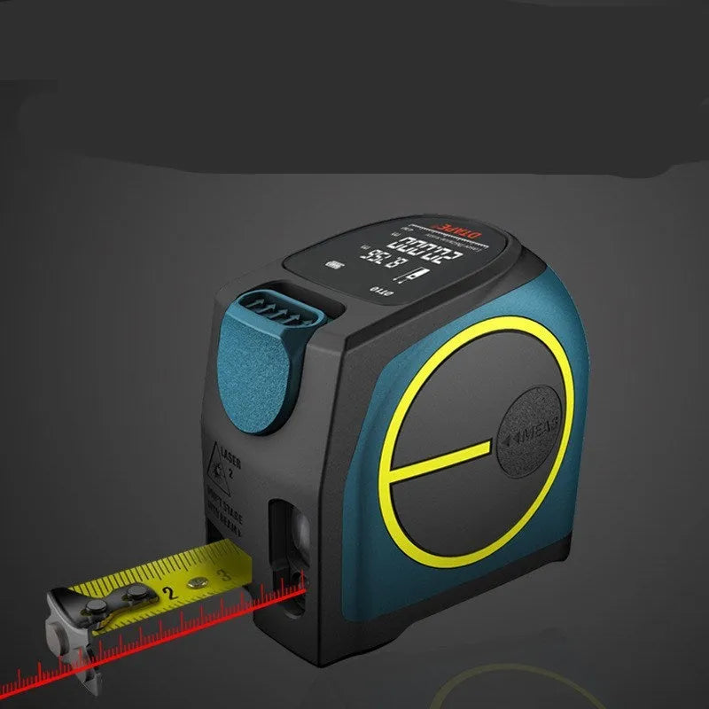 Black infrared laser rangefinder with digital display and 5M nylon coated tape measure, rechargeable DT10 model