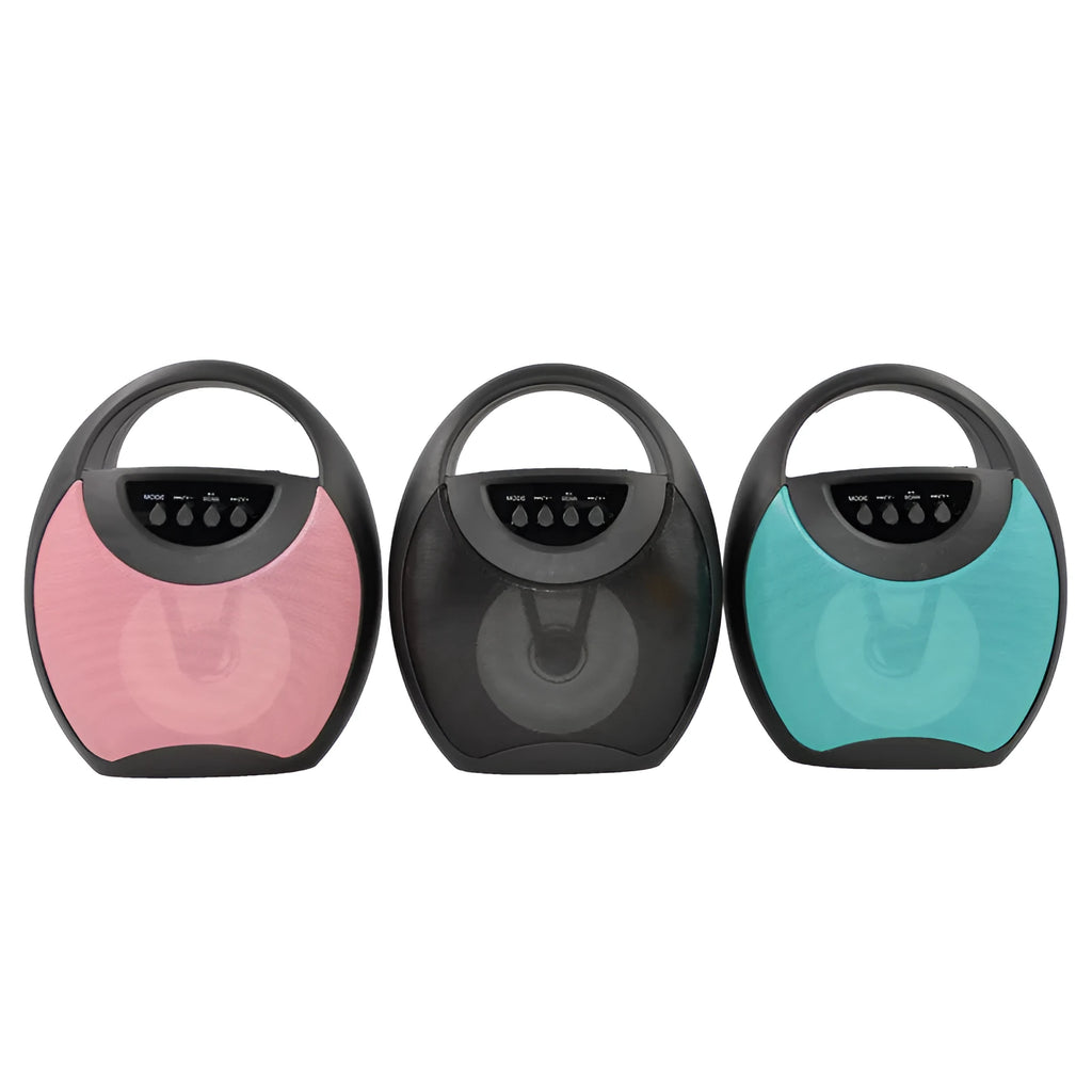 Portable Bluetooth speaker in black, blue, or pink colour with USB port and SD card slot.