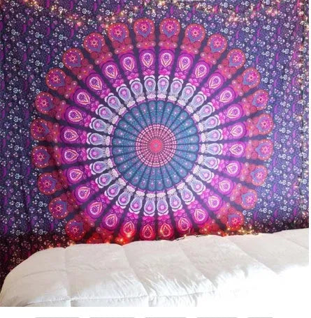 Printed mandala polyester tapestry wall hanging, machine woven, in green, orange, or purple, from 150x100cm to 200x150cm