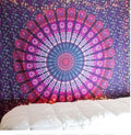 Printed mandala polyester tapestry wall hanging, machine woven, in green, orange, or purple, from 150x100cm to 200x150cm