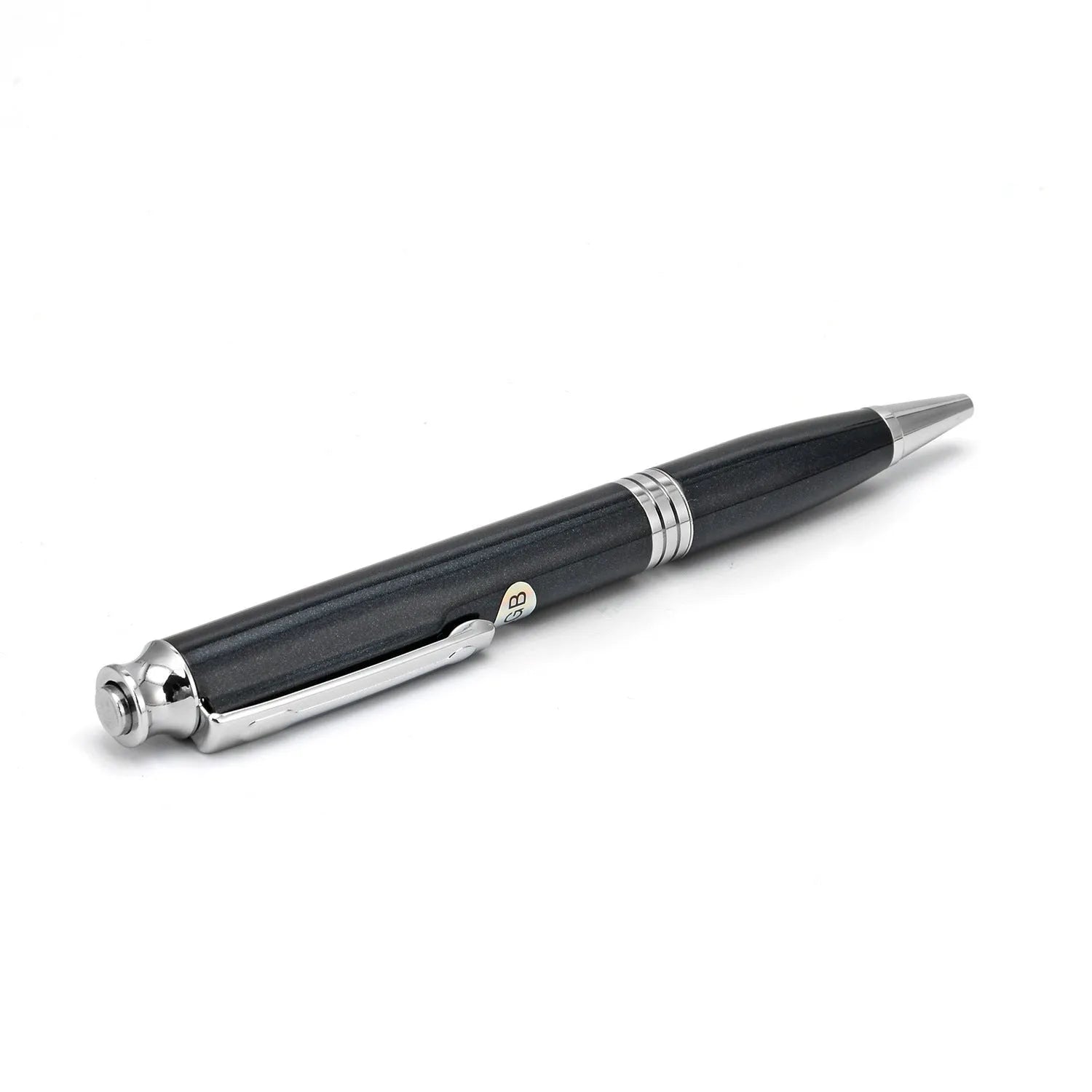 Black pen-style USB voice recorder MP3 player showing 120mm length and integrated USB connector.