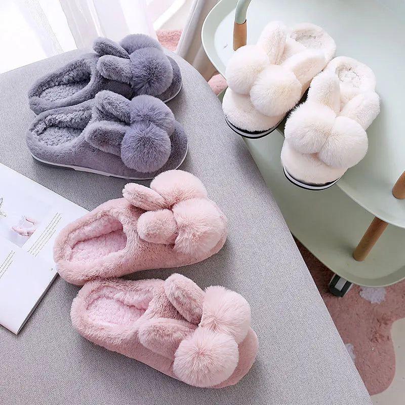 Bunny Fluffy Slippers in coffee colour with rabbit fur uppers, high design, and floral pattern
