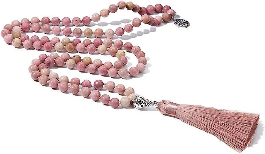 Handmade knotted beaded necklace with 108 stone pendants showing colour variations