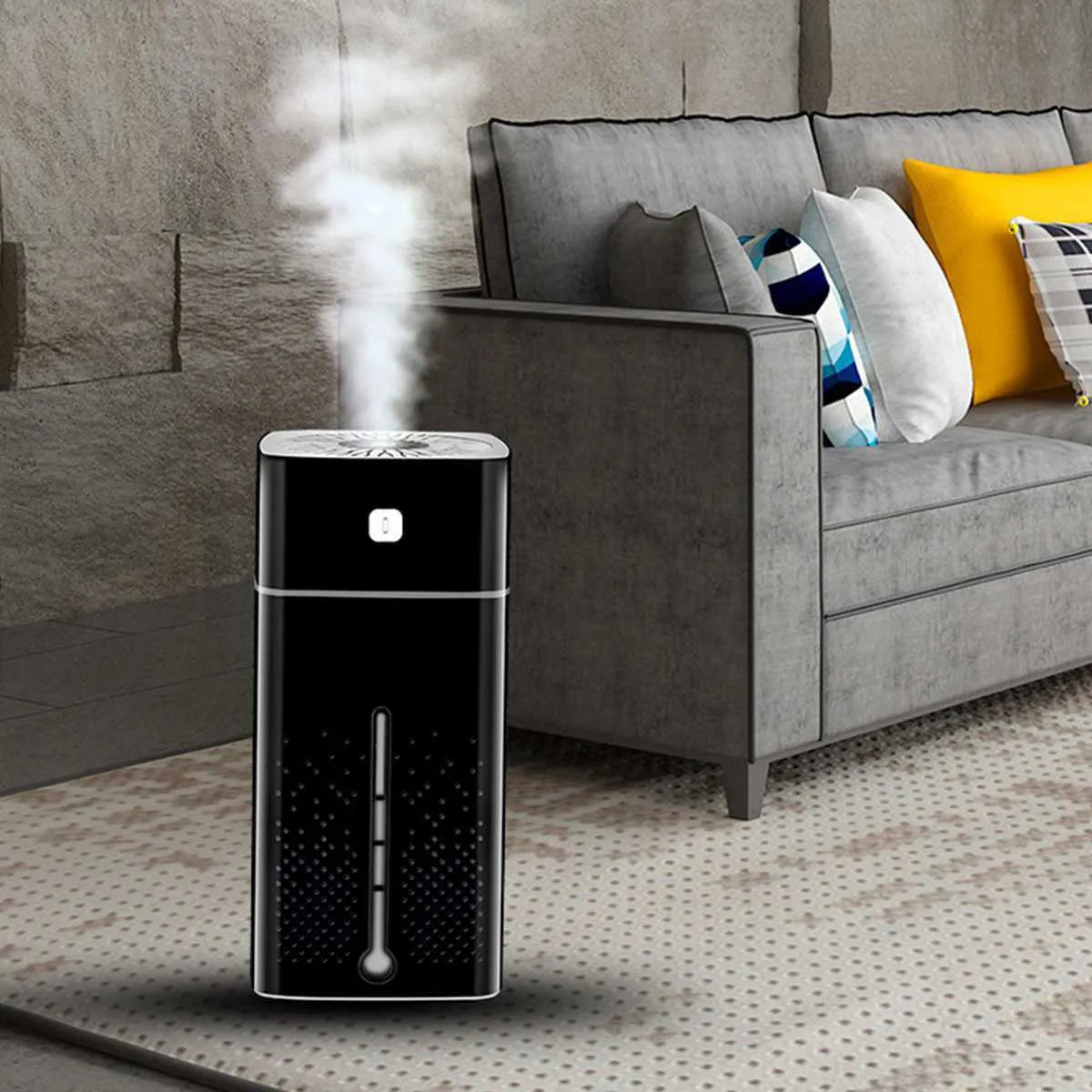 Black and white desktop humidifier measuring 103x103x218mm with 1000ml capacity and USB interface