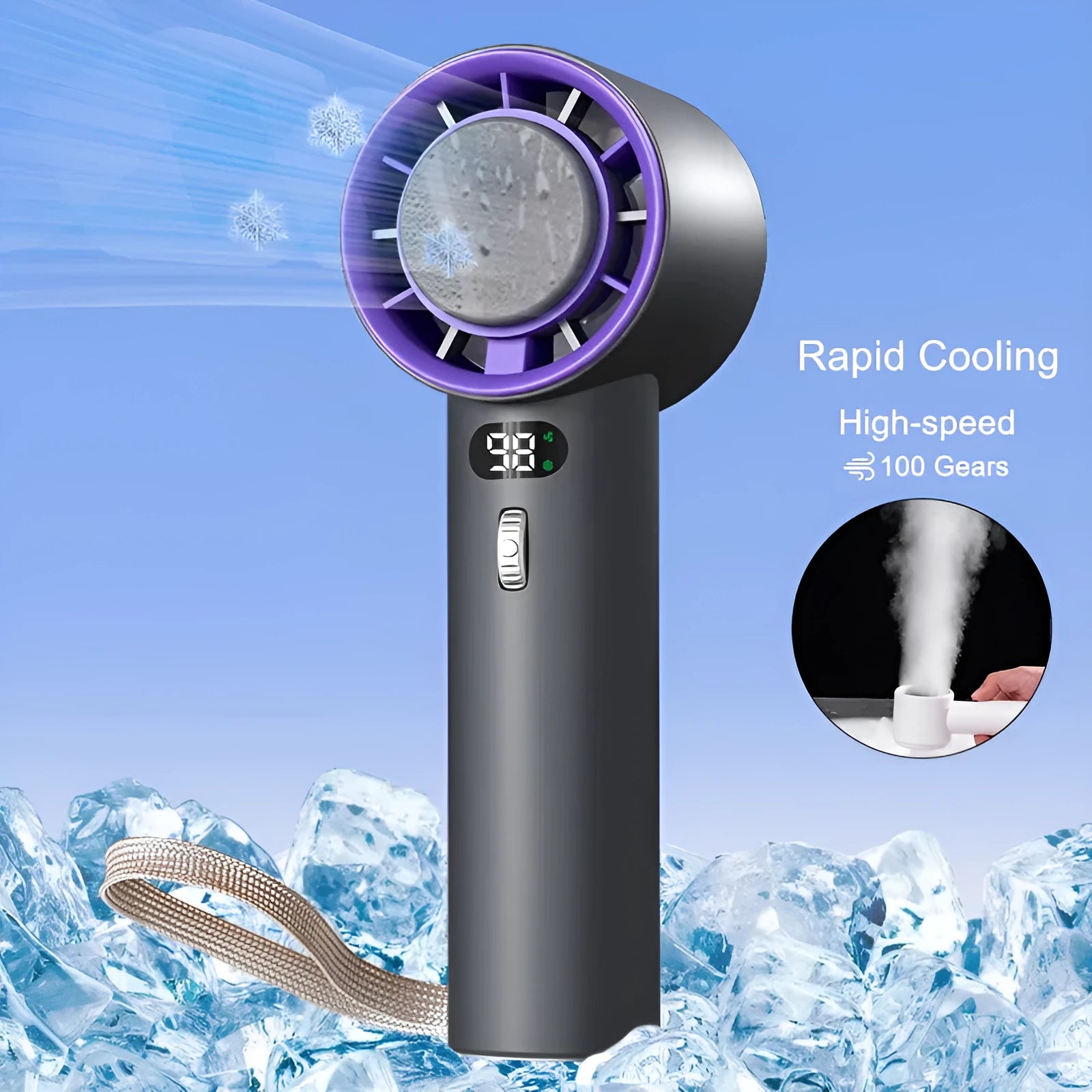 White and grey portable handheld turbo fan with semiconductor cooling and adjustable speeds.