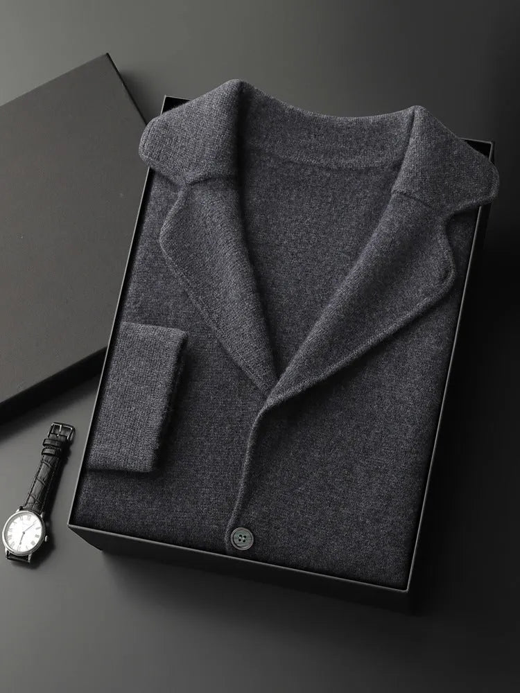 Men's loose fit cashmere cardigan knitted jacket in a solid colour on a neutral background