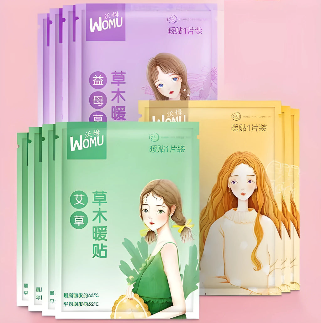 Self-heating uterus warming plaster showing four colour variants: argy wormwood, ginger, motherwort, and sea salt warm pastes