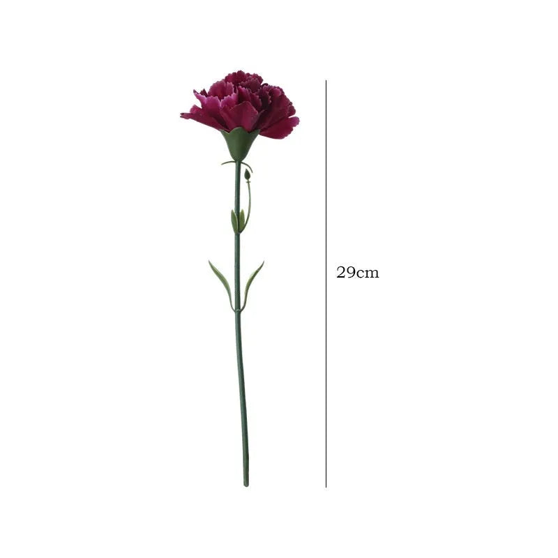 Artificial carnation flower with silk petals on soft rubber base in four colour options