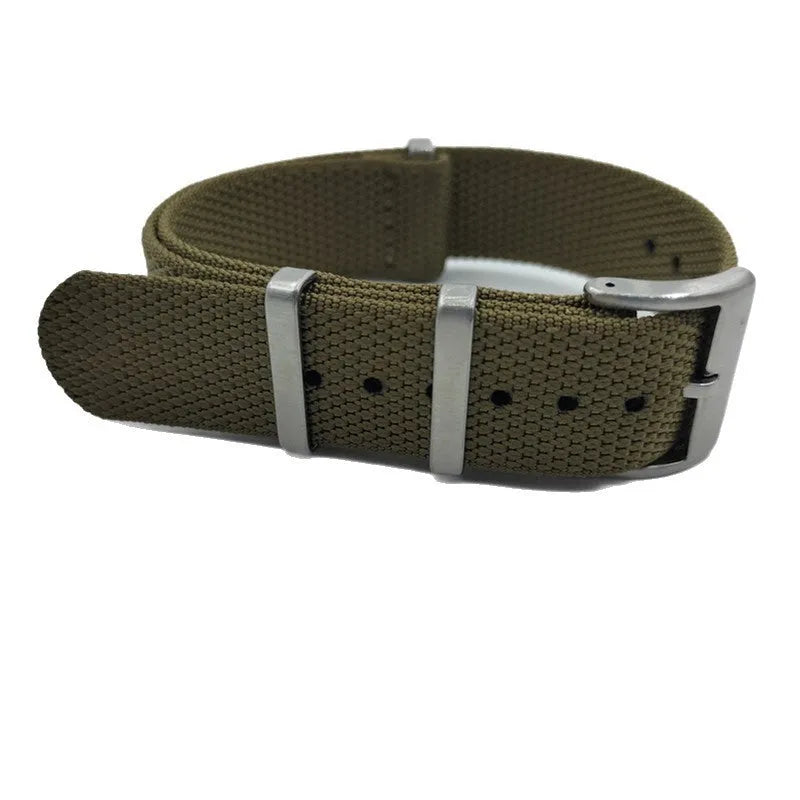 Nylon integrated watch strap showing textile construction in Army Green colour with standard buckle