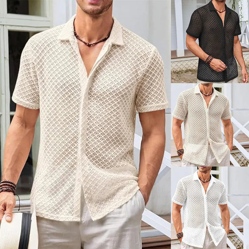 Men's short-sleeve mesh shirt with lapel in cotton-blend fabric, available in multiple colours and sizes