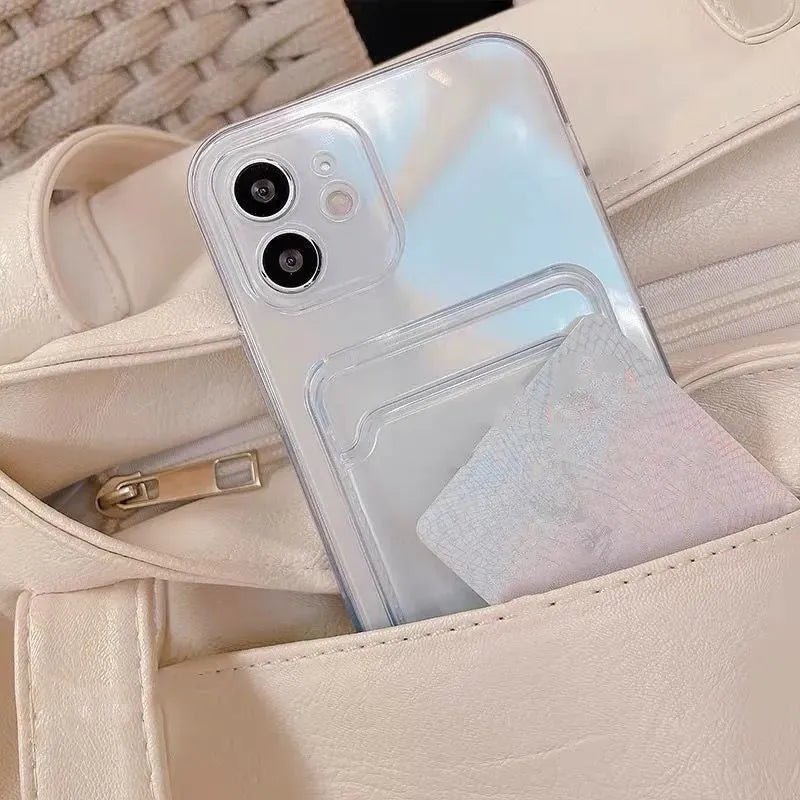 Clear transparent iPhone case with a card slot on the back, shown on an iPhone.