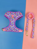Summer dog harness and lead set in a playful pink avocado print, fitted on a medium-sized dog.