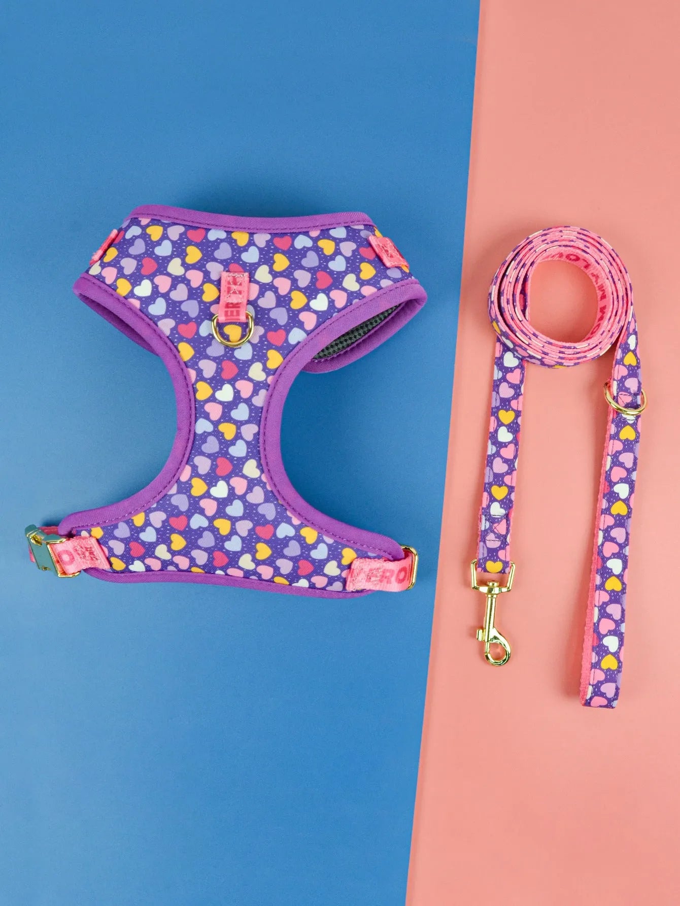 Summer dog harness and lead set in a playful pink avocado print, fitted on a medium-sized dog.