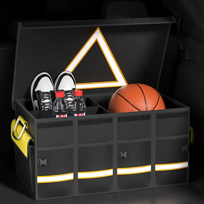 Black and yellow foldable car boot storage organiser bag with handle in three size options.