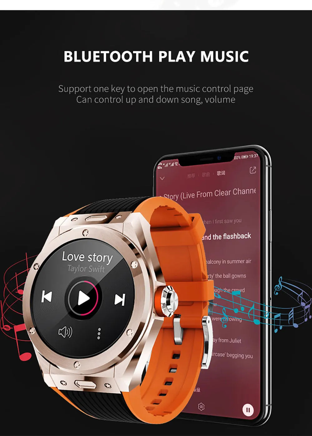 MV58 black smart watch with silicone strap showing heart rate monitoring on its screen.