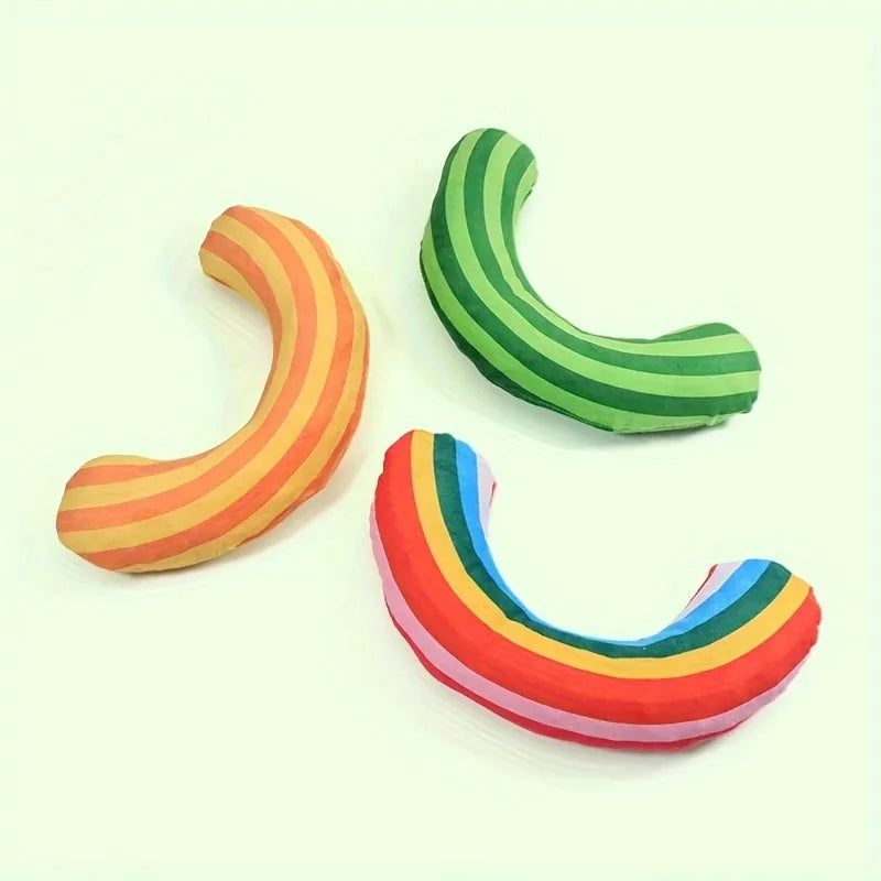 Striped pattern cat pillow toy with built-in catnip strip in green, rainbow, or yellow colour, measuring 23cm by 20cm