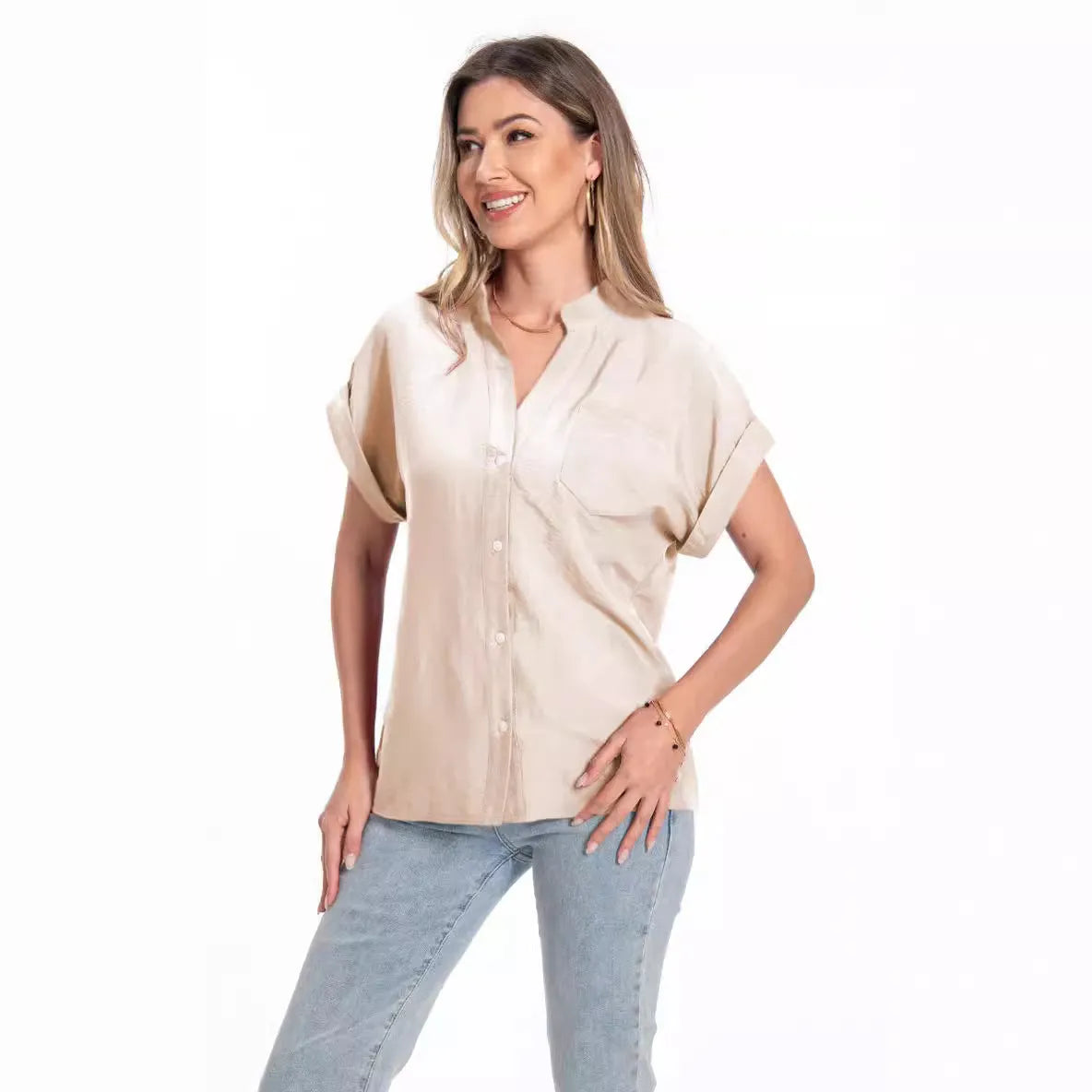 Women's stand collar button summer top in polyester fabric with loose fit